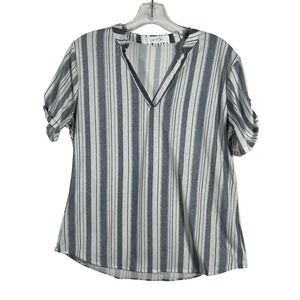 Eden & Olivia Blue Grey Striped V-Neck Roll Tab Sleeve Blouse Small